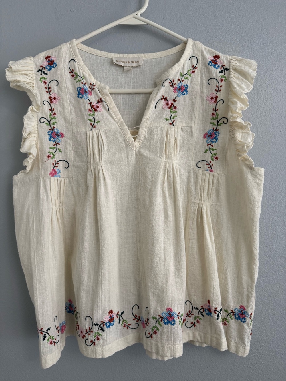 Jennifer & Grace Womens M Embroidered Floral Blouse Ivory Ruffle Sleeve Boho
